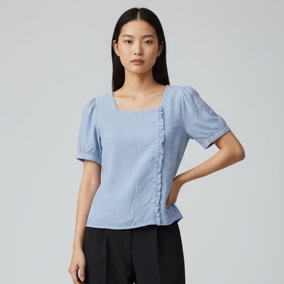 Emerge Blue Ruffle Button Blouse - Picture 1 of 6